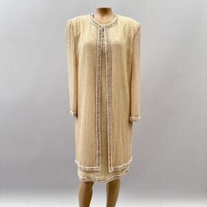 Camille Marie Vtg Dress Women M Champagne Gold Silk Beaded Cape Cocktail